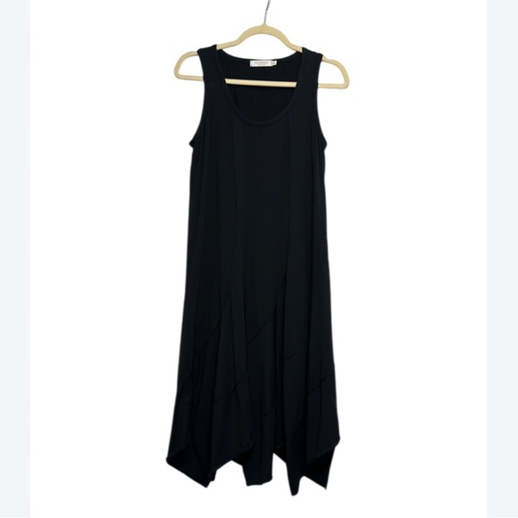 Mododoc Black Sleeveless Midi Dress S | Asymmetrical Hem Swirl Detail - Picture 2 of 6